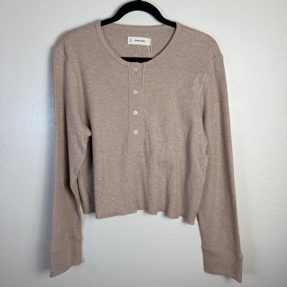 New Everlane Womens L Waffle Knit Henley Top Almond Taupe Cotton Long Sleeve